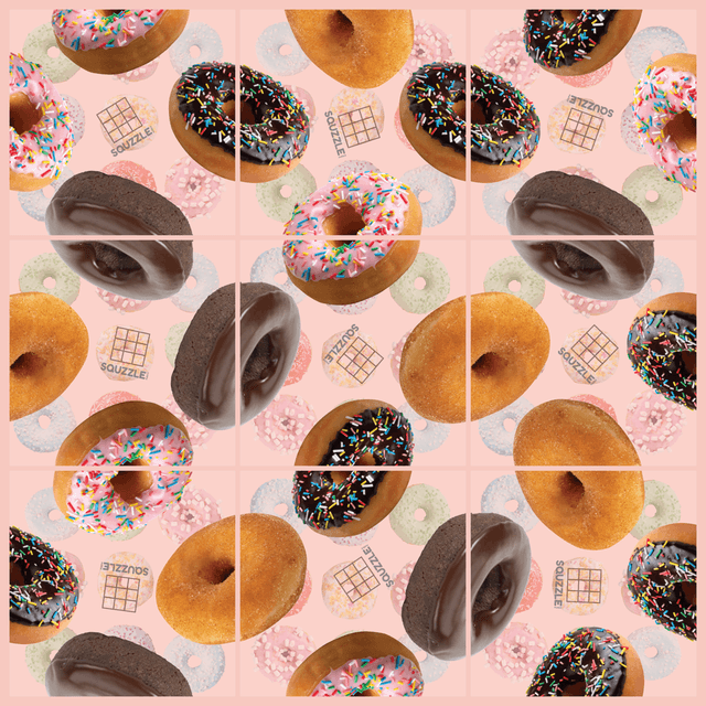 Nine donut-patterned Squzzle tiles arranged in a three by three grid
